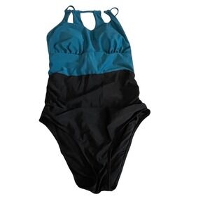 Cupshe Colorblock One Piece Swimsuit Teal Black Cutout Halter Back L